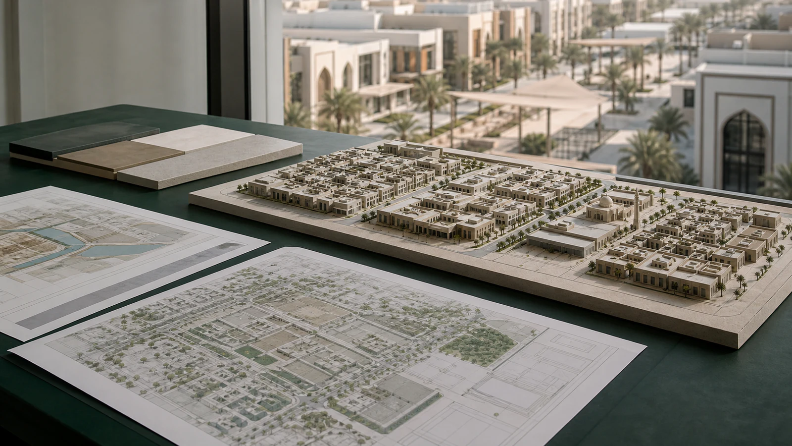 Illustrative view of a plan and model used to assess a potential urban development opportunity